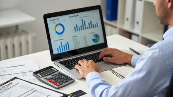 Small business owner reviewing cash flow and financing options at a desk