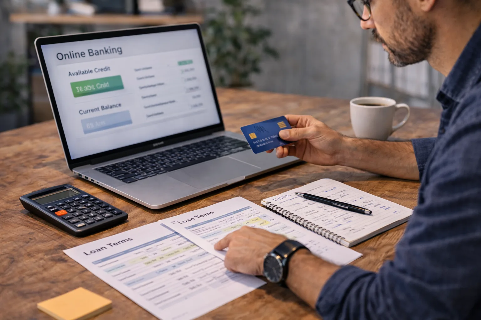 Business owner checking available credit and current balance on a business credit line