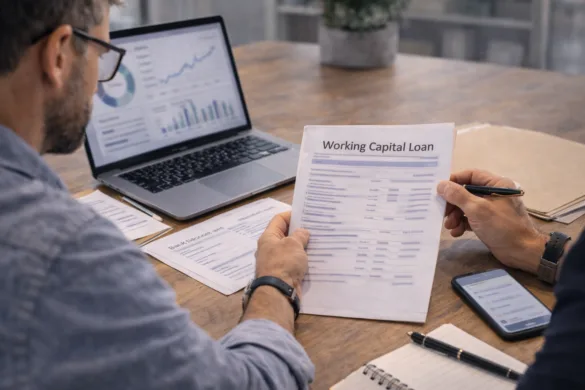 Business owner reviewing working capital loan documents and financial records at an office desk