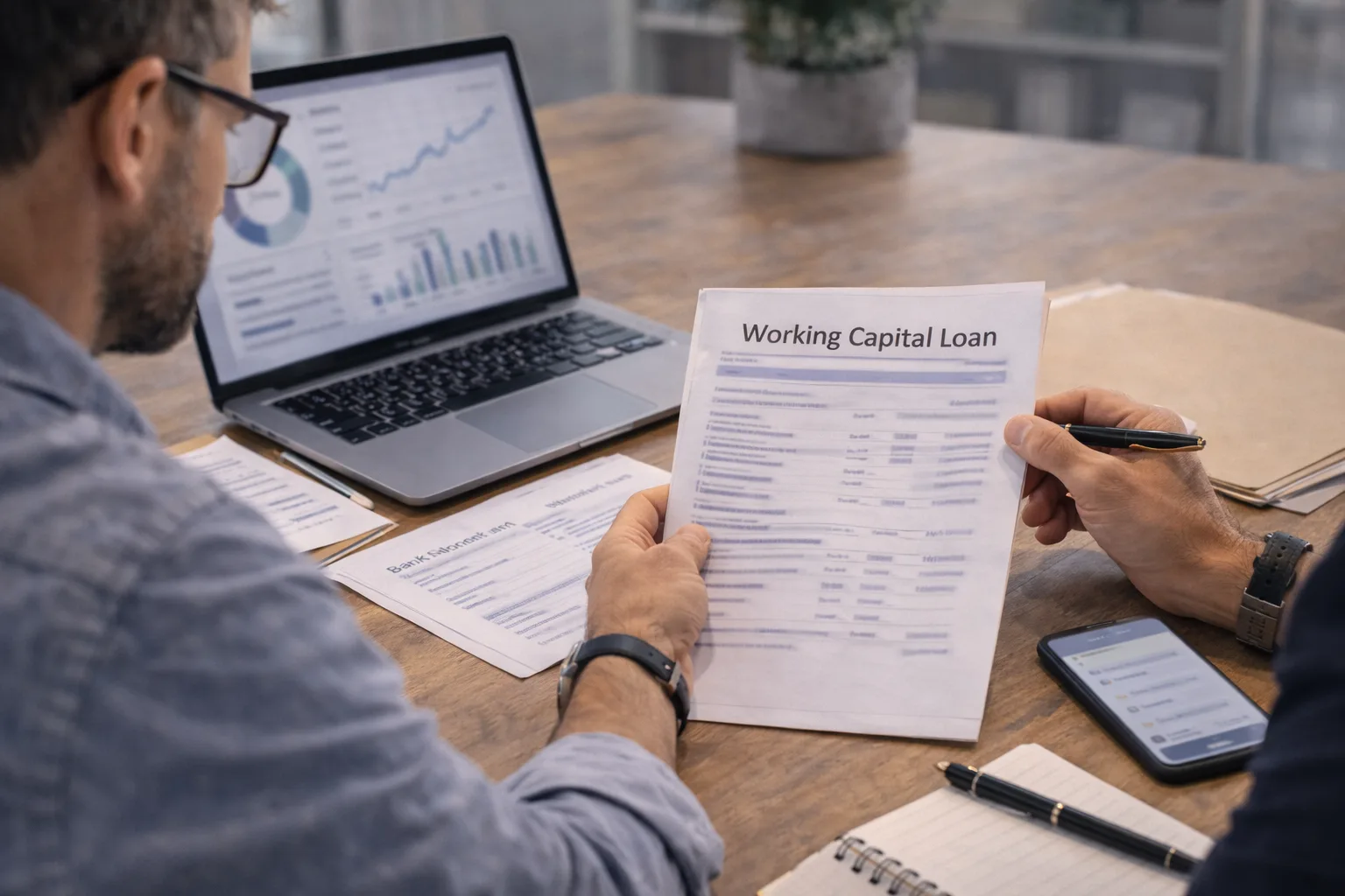 Business owner reviewing working capital loan documents and financial records at an office desk