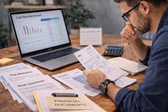 Small business owner reviewing cash flow shortfall and upcoming business expenses at a desk