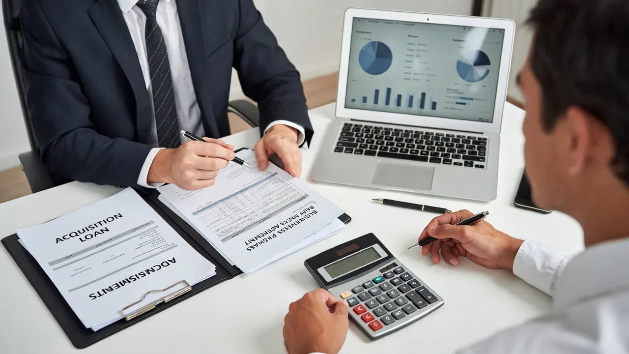 Business buyer reviewing acquisition loan documents with a financial advisor