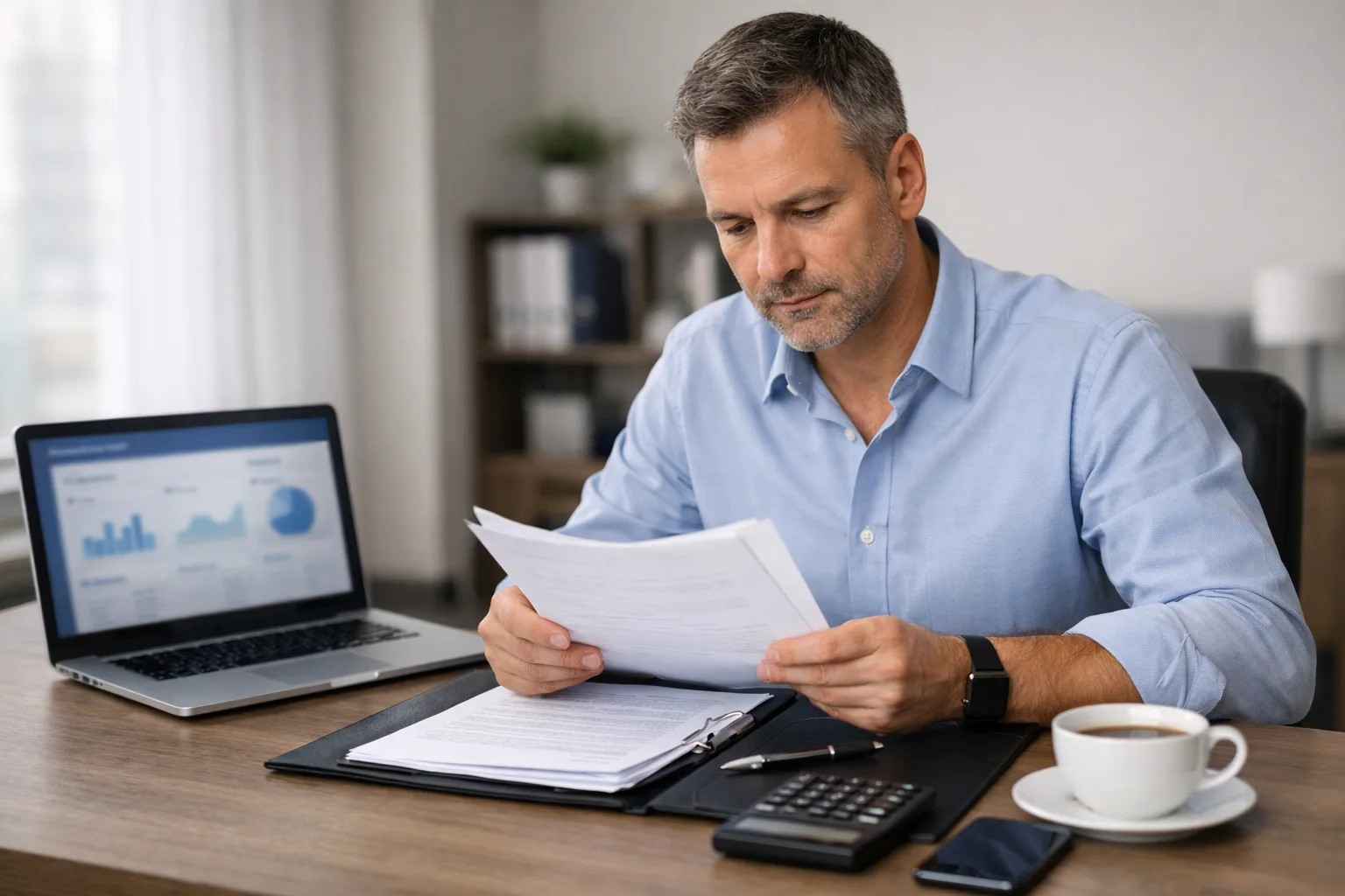 Business owner reviewing loan documents and financial information at an office desk