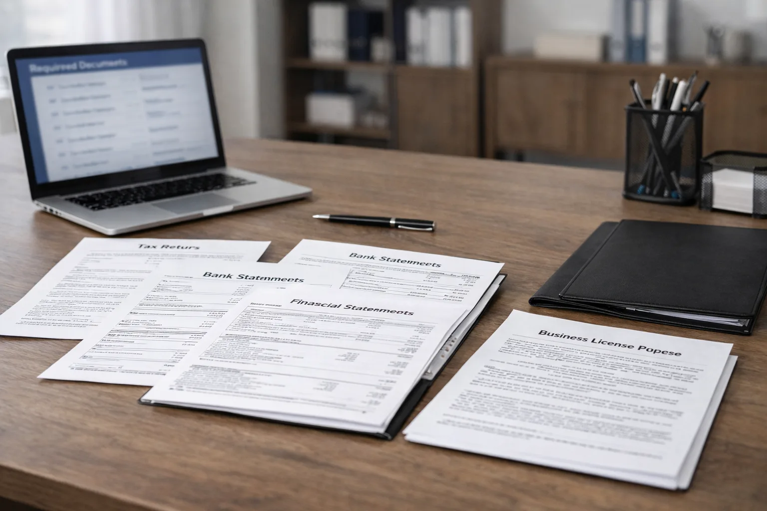 Loan application paperwork including tax returns, bank statements, and business documents
