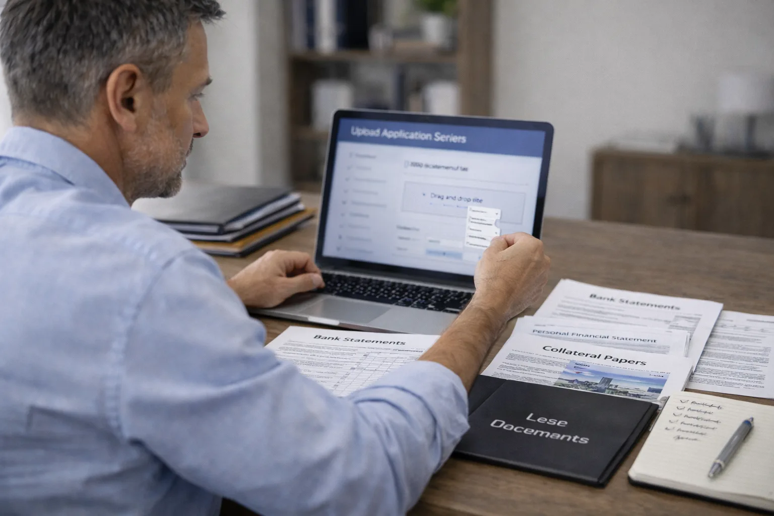 Business owner uploading organized loan application documents through an online lender portal