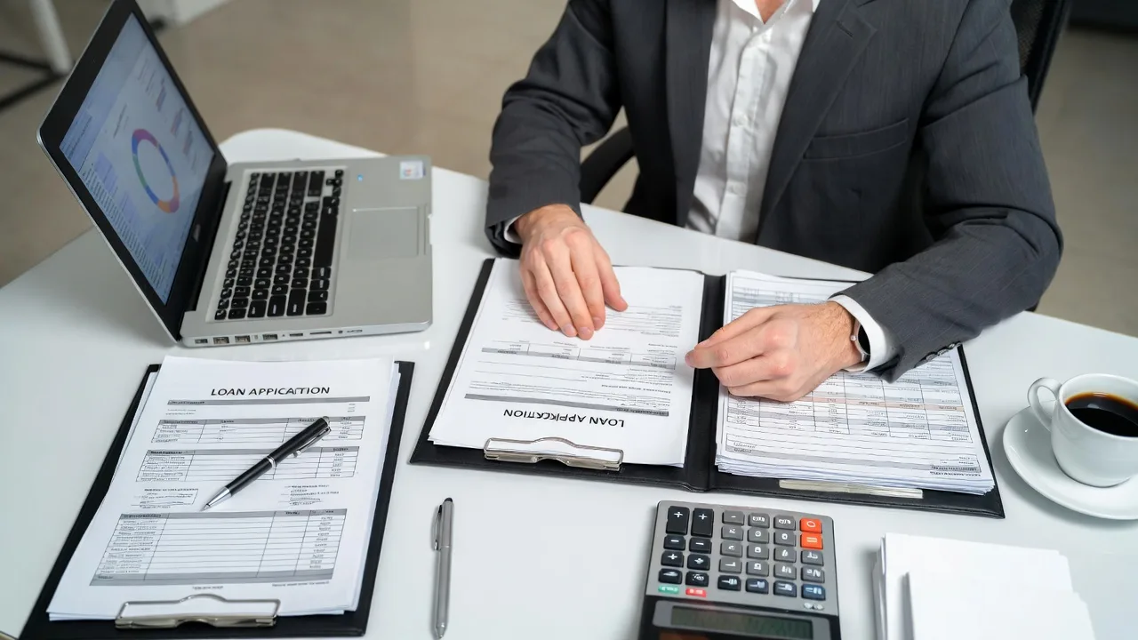 Business owner reviewing business loan documents and financial records at an office desk