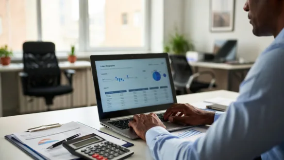 Business owner reviewing business term loan documents and financial reports at an office desk