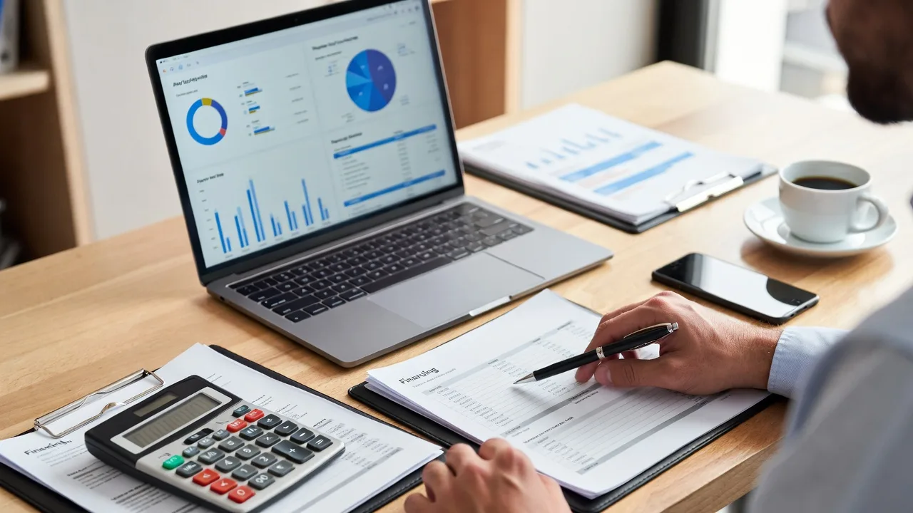 Business owner reviewing financing documents and loan application materials at an office desk