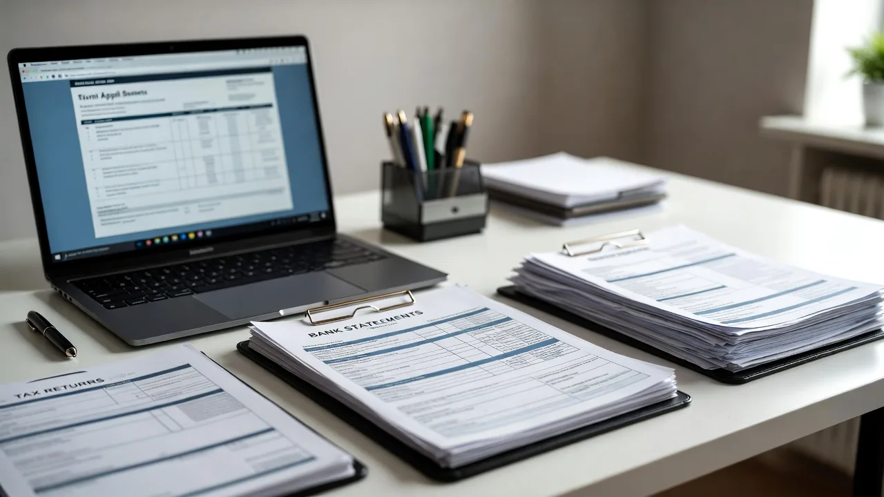 Organized business term loan application documents including tax returns and financial statements