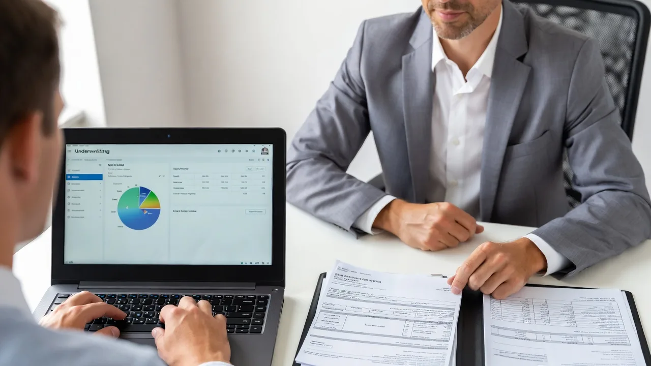 Lender and business owner reviewing a loan application during underwriting