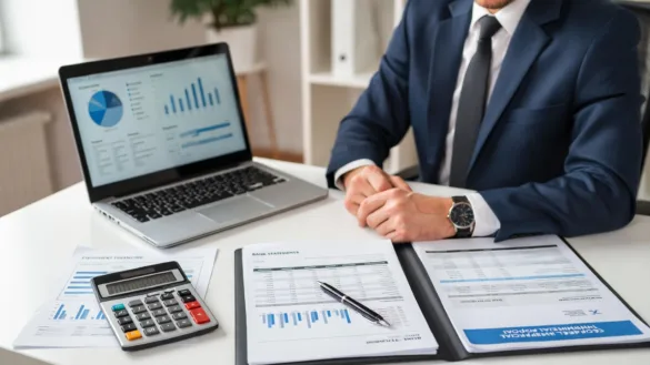 Business owner reviewing equipment financing documents for a major equipment purchase