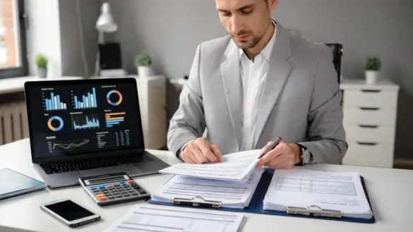 Business owner reviewing financial documents and a business loan application at an office desk