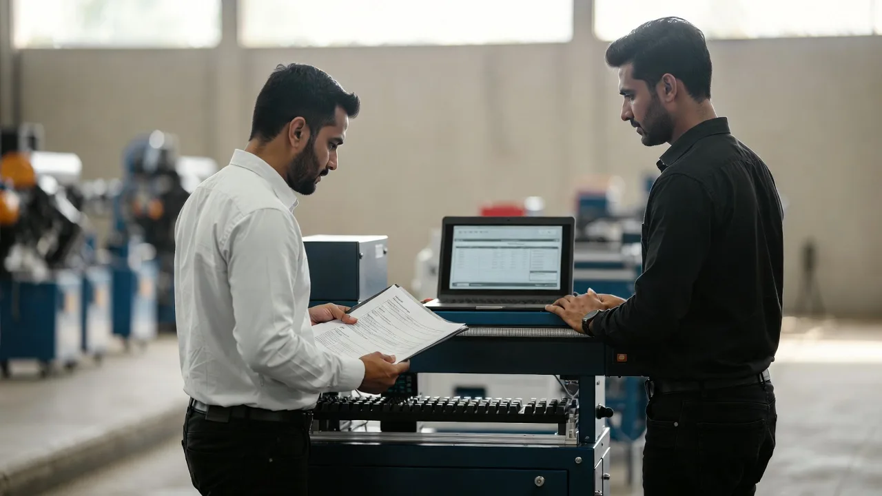 Business owner reviewing equipment purchase details with a vendor next to commercial equipment