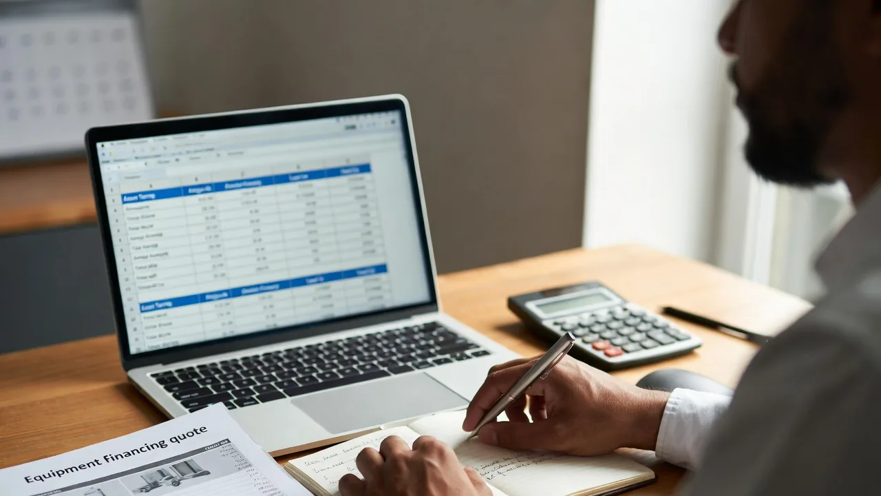 Business owner calculating equipment financing costs and repayment terms before signing