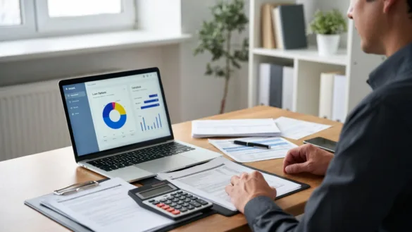 LLC owner reviewing business loan options at an office desk