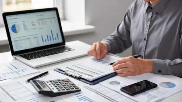 Business owner reviewing LLC loan documents and financial records at an office desk