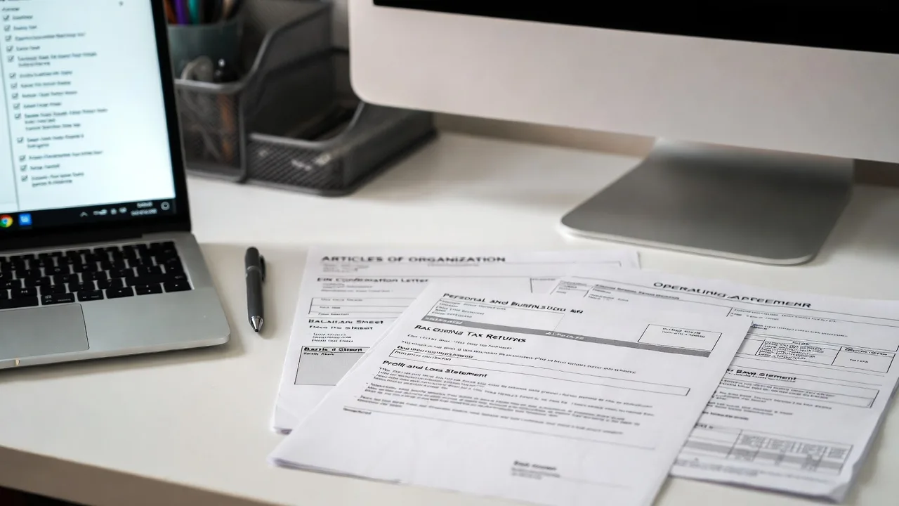 Organized LLC loan application documents including legal papers, tax returns, and bank statements