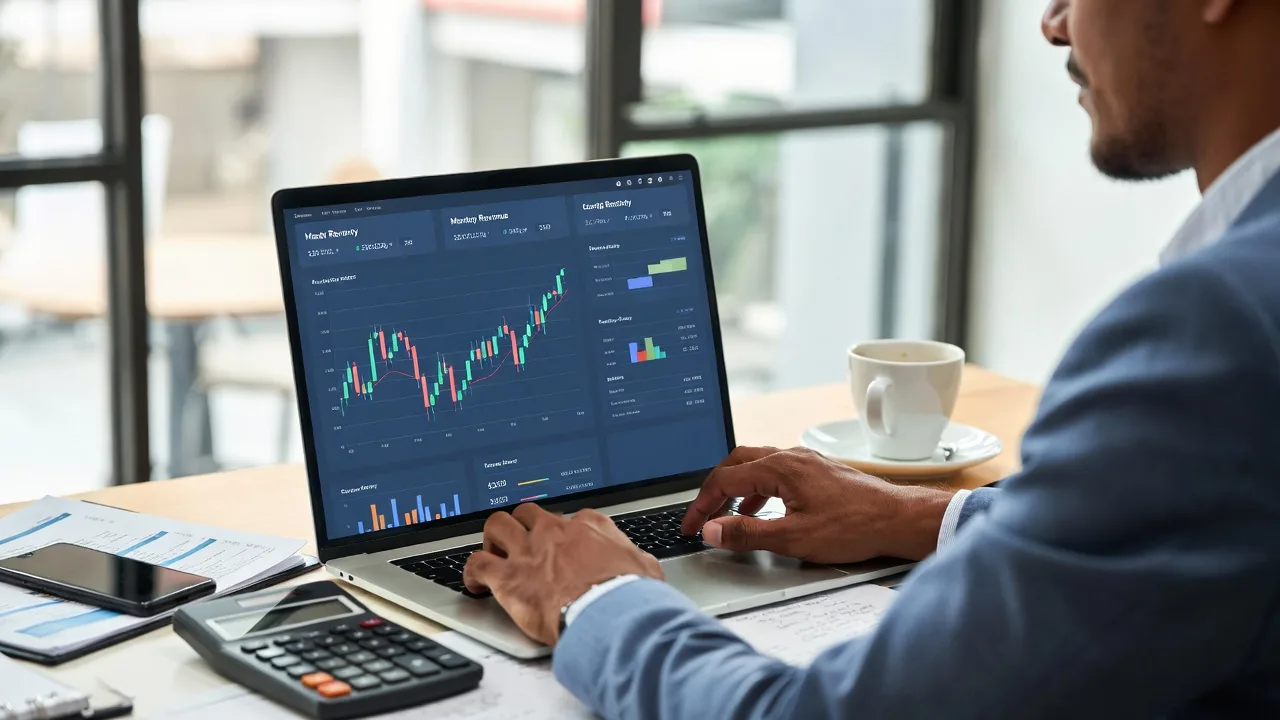 Business owner reviewing fluctuating monthly revenue on a laptop