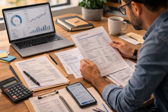 Business owner reviewing documents for a small business line of credit at an office desk