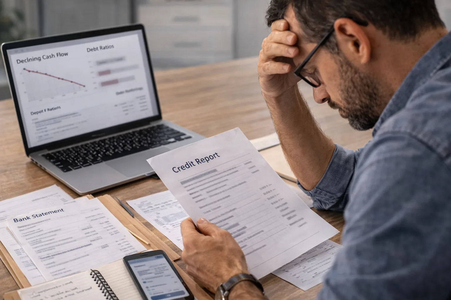 Business owner reviewing cash flow problems and financial issues after a credit denial