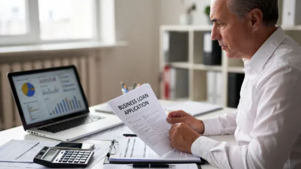 Business owner reviewing financial records and a small business loan application at an office desk
