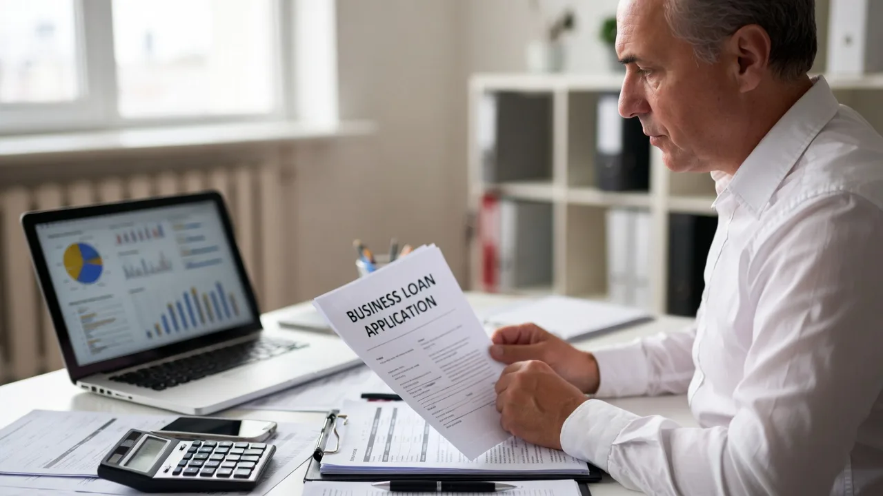 Business owner reviewing financial records and a small business loan application at an office desk