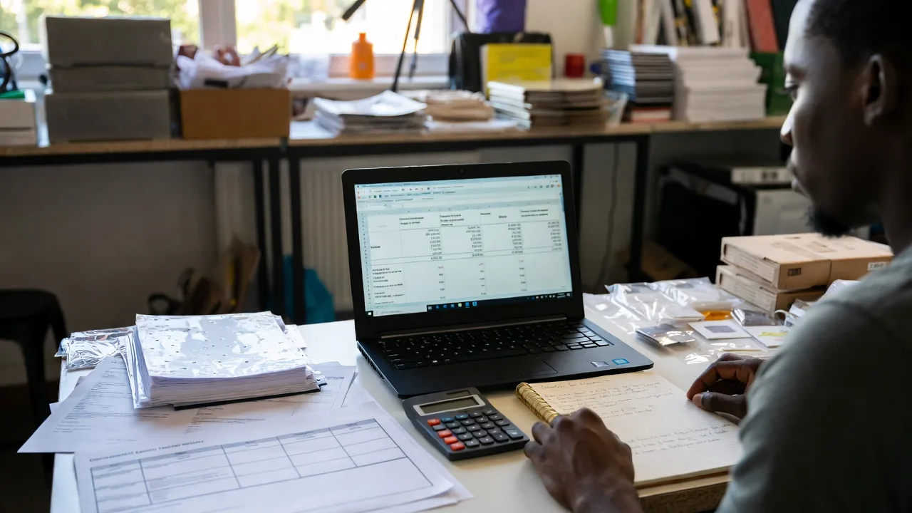 Entrepreneur reviewing startup costs for equipment and inventory financing