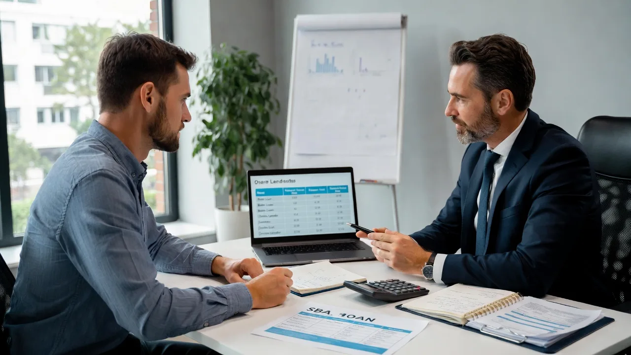 Business owner discussing collateral and down payment terms with a lender