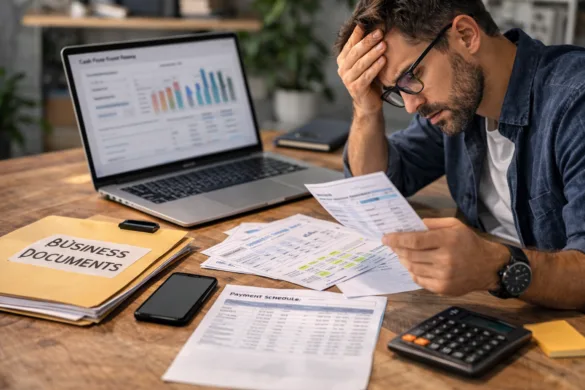 Small business owner reviewing cash flow and fast funding options at a desk
