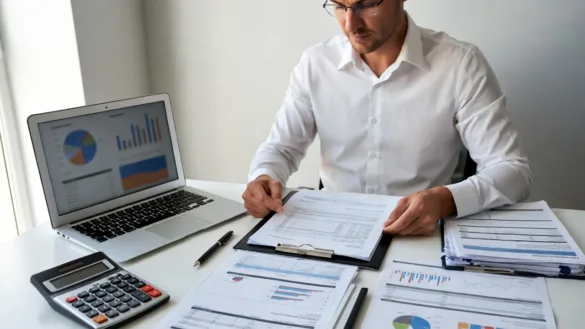 Business owner preparing documents for a business loan meeting in an office