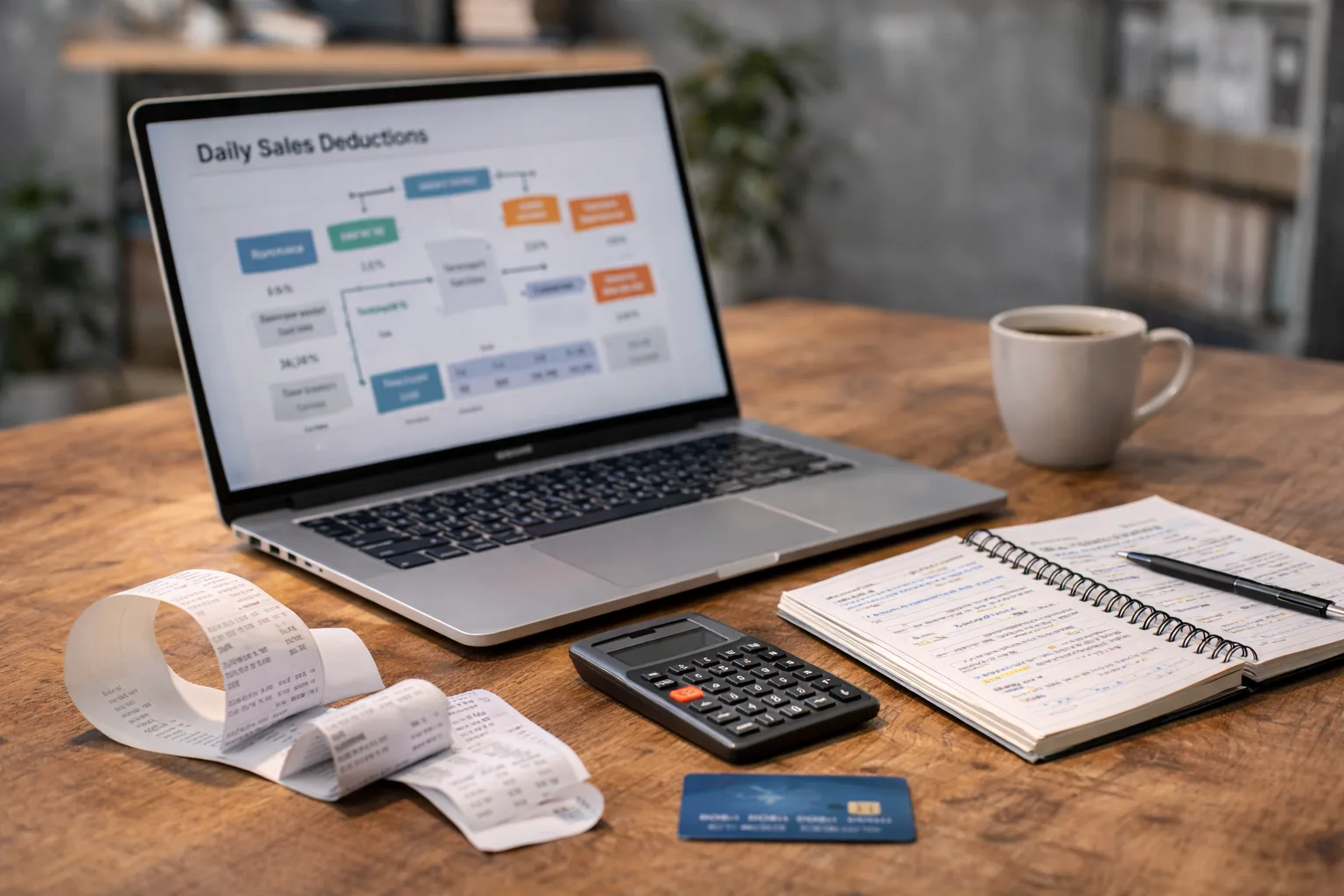 Laptop showing a blurred revenue deduction dashboard next to cash advance paperwork