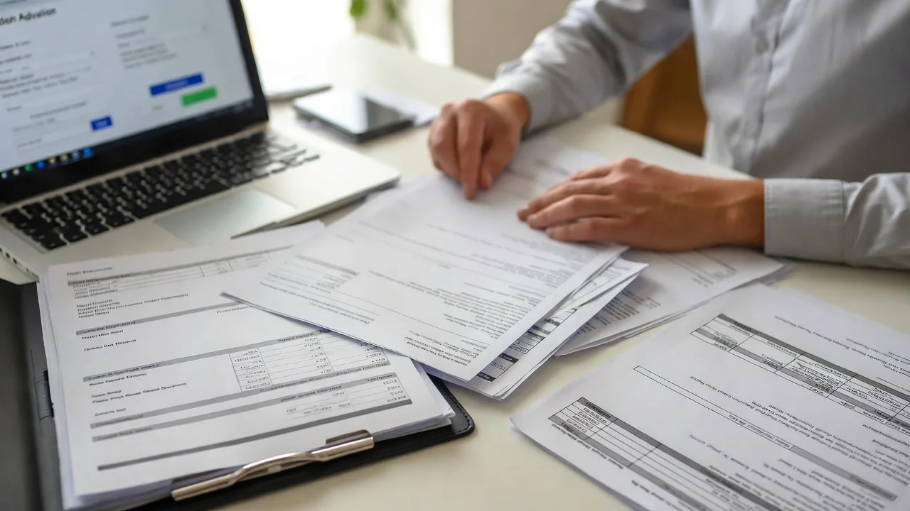 Business owner preparing bank statements and documents for a cash advance application