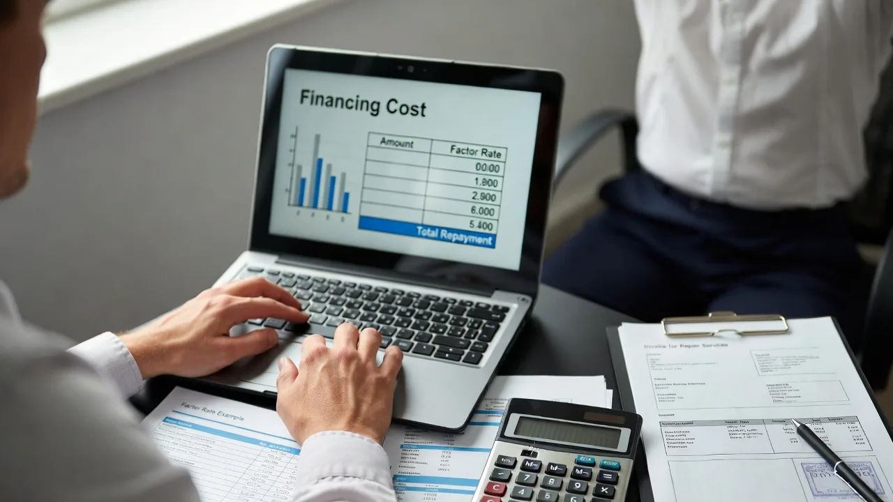 Business owner reviewing cash advance repayment calculations and repair costs