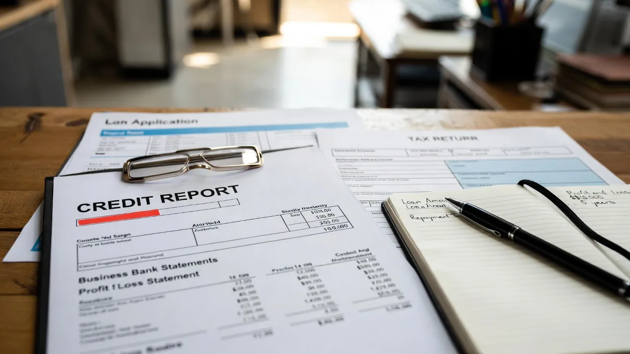 Credit report, financial statements, and notes prepared before using a business loan calculator.