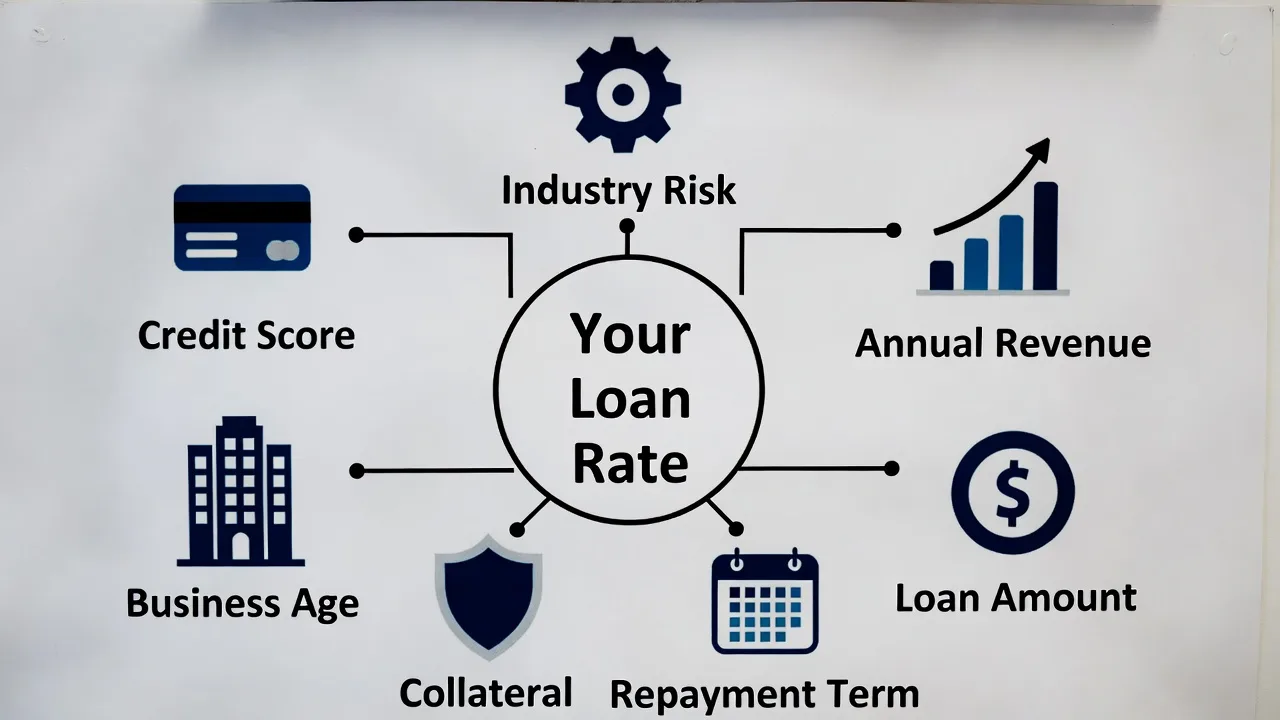 Diagram showing the factors that influence a small business loan interest rate.