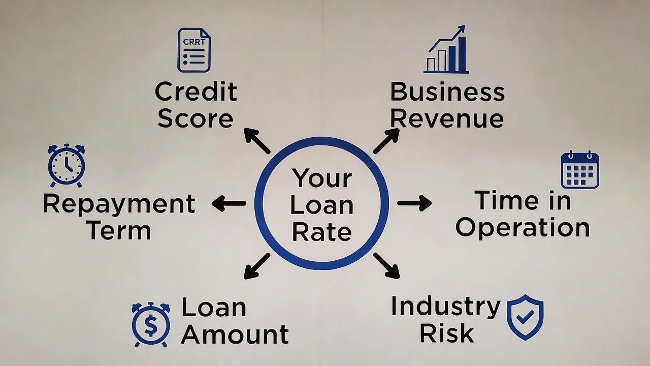 Diagram showing the main factors that influence a short-term business loan rate.