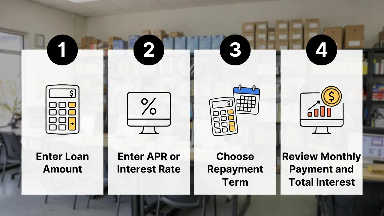 Four-step graphic showing how to use a small business loan calculator.