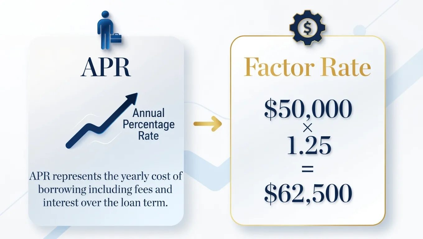 Graphic comparing APR and factor rate with simple short-term business loan examples.
