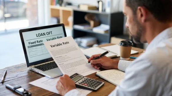 Small business owner comparing fixed-rate and variable-rate business loan offers at a desk.