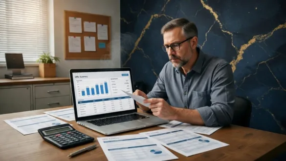 Small business owner comparing loan offers on a laptop with paperwork and a calculator on a desk.