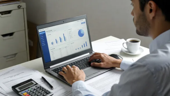 Small business owner comparing working capital loan offers at a desk with a laptop and paperwork.