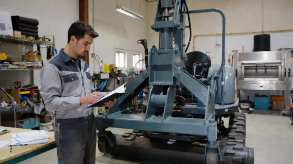 Small business owner reviewing equipment financing paperwork next to a newly purchased machine.