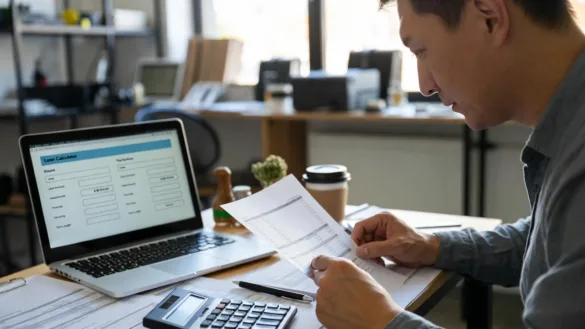 Small business owner reviewing loan calculations on a laptop with paperwork and a calculator on a desk.
