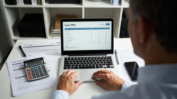 Small business owner reviewing short-term business loan offers at a desk with a laptop, paperwork, and calculator.