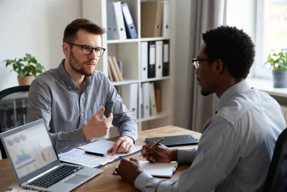 Small business owner discussing financing options with credit union advisor