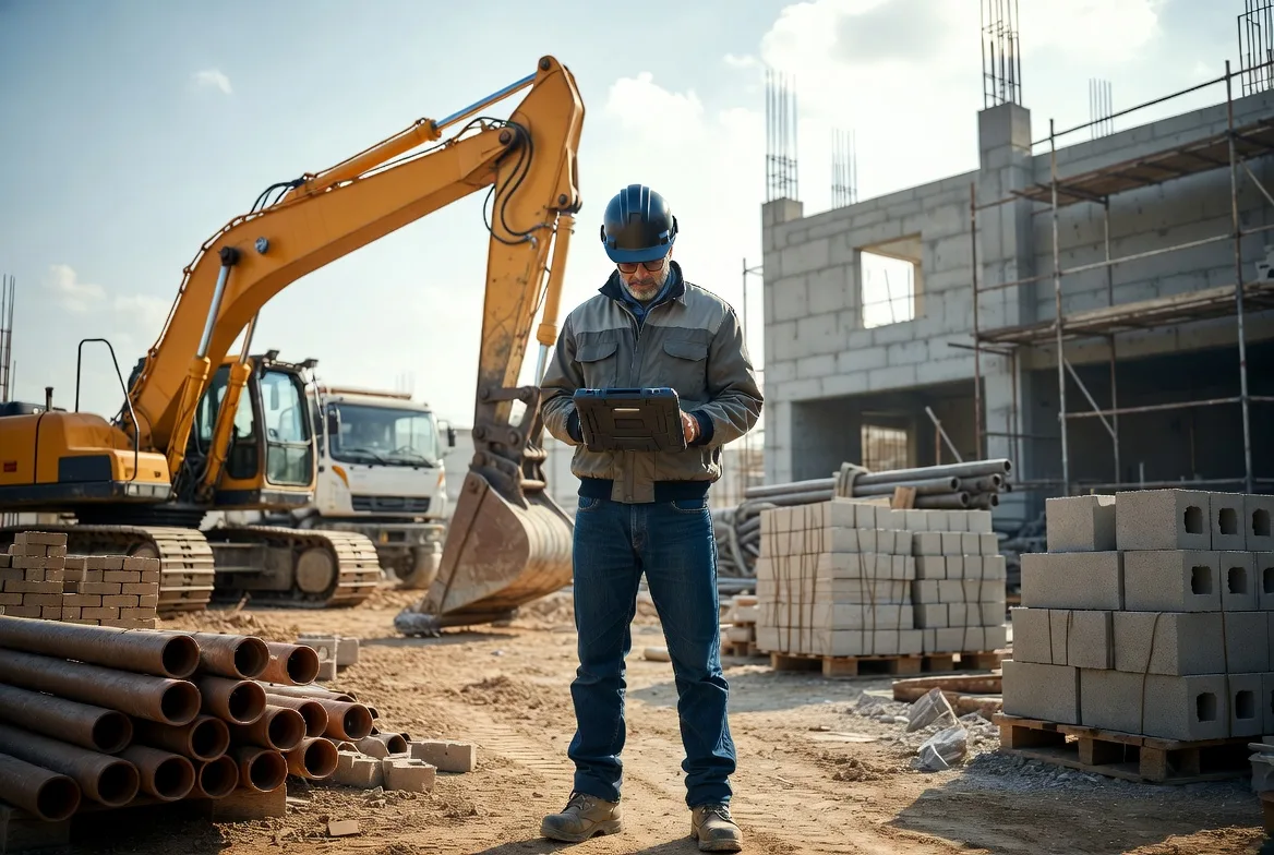 Construction business owner reviewing project finances on site