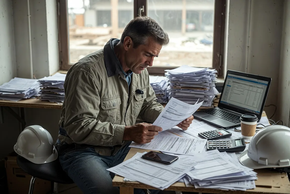 Contractor reviewing unpaid invoices and managing cash flow gap