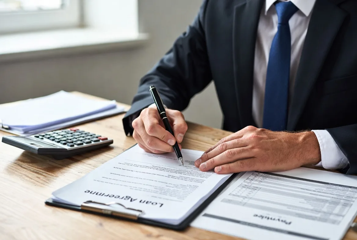 Business owner signing installment loan agreement with repayment schedule