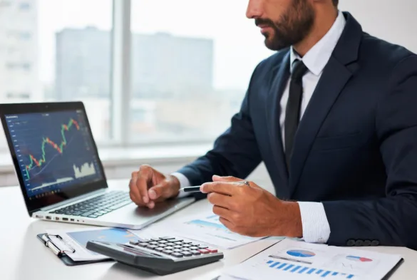 Small business owner reviewing private financing options on laptop