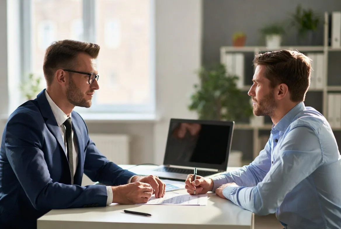 Business owner meeting private lender to discuss loan terms